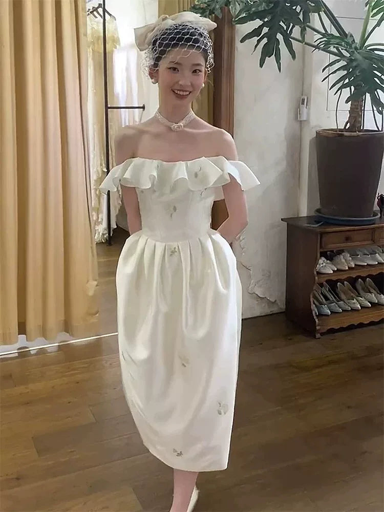 Artistic Ruffled Off-Shoulder Floral Wedding Dress Satin Sheath Bridal Dress AP6922