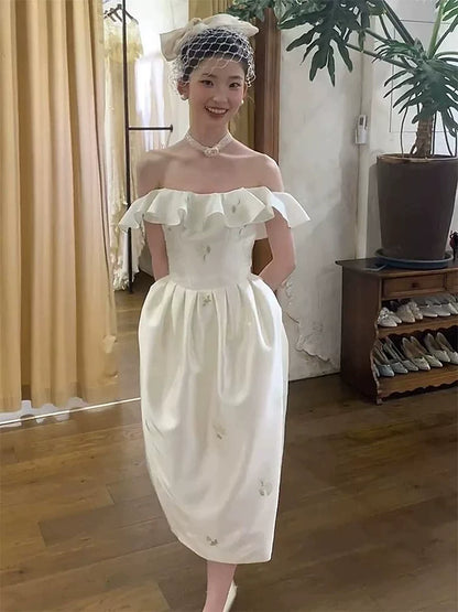 Artistic Ruffled Off-Shoulder Floral Wedding Dress Satin Sheath Bridal Dress AP6922
