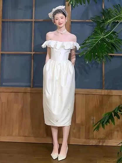 Artistic Ruffled Off-Shoulder Floral Wedding Dress Satin Sheath Bridal Dress AP6922