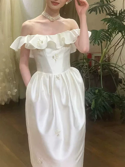 Artistic Ruffled Off-Shoulder Floral Wedding Dress Satin Sheath Bridal Dress AP6922