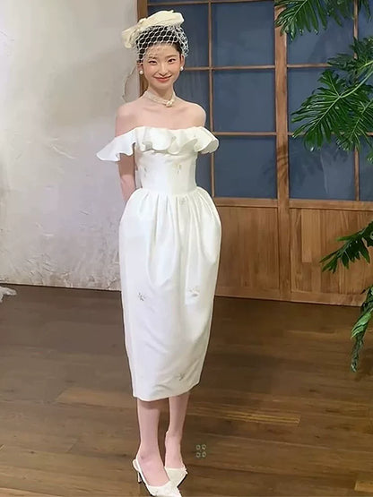 Artistic Ruffled Off-Shoulder Floral Wedding Dress Satin Sheath Bridal Dress AP6922