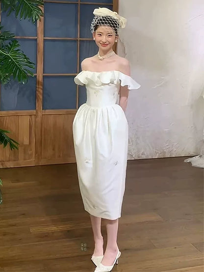 Artistic Ruffled Off-Shoulder Floral Wedding Dress Satin Sheath Bridal Dress AP6922
