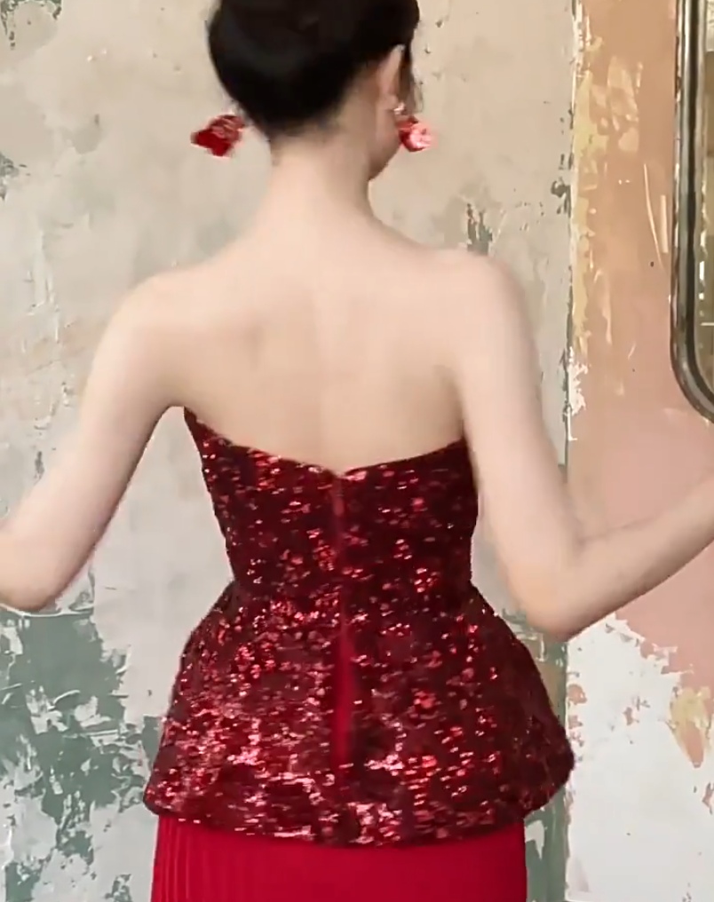 Dreamy Strapless Red Prom Dress Sheath Sequins Formal Dress AP6923