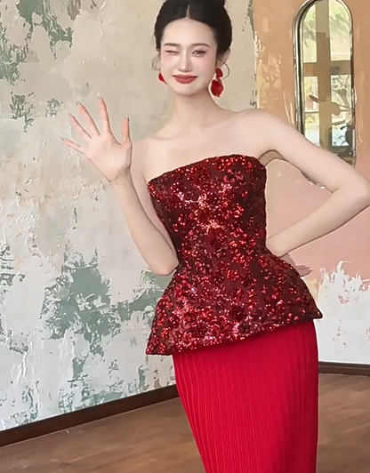 Dreamy Strapless Red Prom Dress Sheath Sequins Formal Dress AP6923