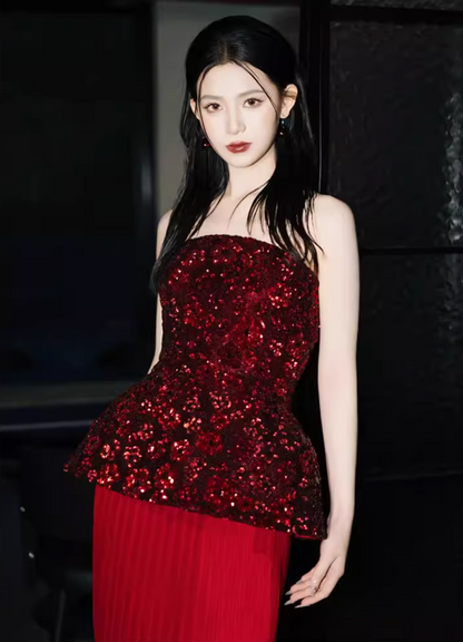 Dreamy Strapless Red Prom Dress Sheath Sequins Formal Dress AP6923