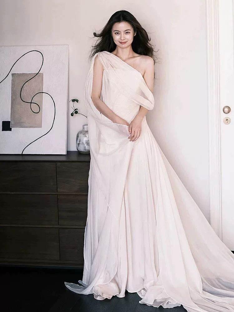 Ethereal A-Line One Shoulder Wedding Dress Inspo Tulle Bridal Gowns AP6924