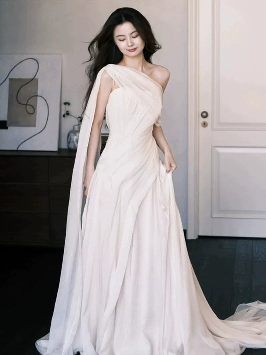 Ethereal A-Line One Shoulder Wedding Dress Inspo Tulle Bridal Gowns AP6924