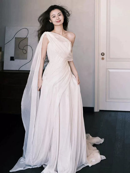 Ethereal A-Line One Shoulder Wedding Dress Inspo Tulle Bridal Gowns AP6924