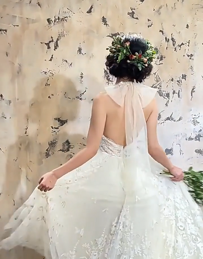 Glam Halter Neck Wedding Dress Lace A-Line Bridal Dress AP6927