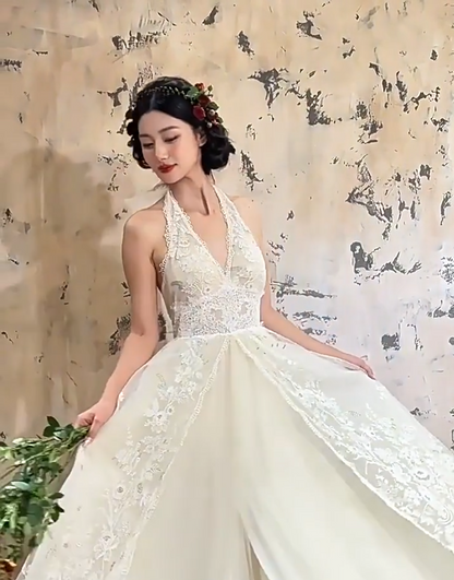 Glam Halter Neck Wedding Dress Lace A-Line Bridal Dress AP6927