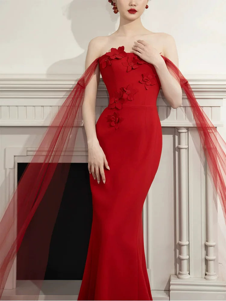 Glamorous Off-Shoulder Mermaid Prom Dress Red Tulle Appliques Evening Dress AP6928
