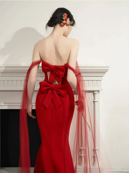 Glamorous Off-Shoulder Mermaid Prom Dress Red Tulle Appliques Evening Dress AP6928