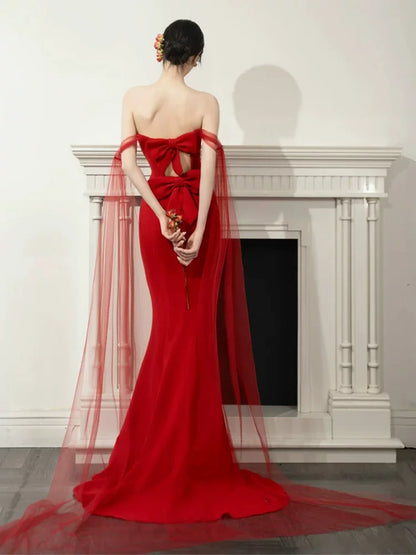 Glamorous Off-Shoulder Mermaid Prom Dress Red Tulle Appliques Evening Dress AP6928