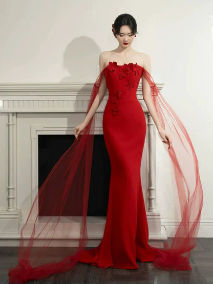 Glamorous Off-Shoulder Mermaid Prom Dress Red Tulle Appliques Evening Dress AP6928