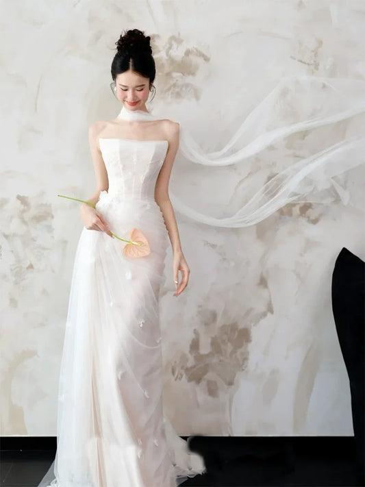 Stunning Strapless Wedding Dress With Scarf Sheath Appliques Tulle Bridal Dress AP6930