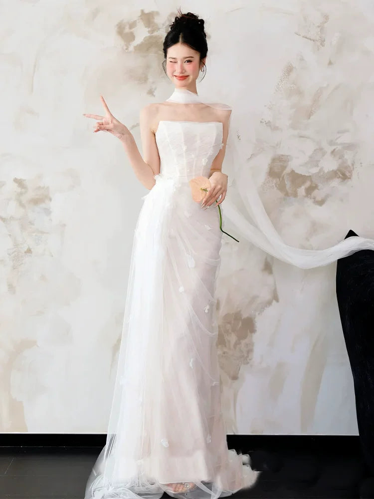 Stunning Strapless Wedding Dress With Scarf Sheath Appliques Tulle Bridal Dress AP6930