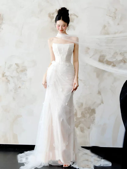Stunning Strapless Wedding Dress With Scarf Sheath Appliques Tulle Bridal Dress AP6930