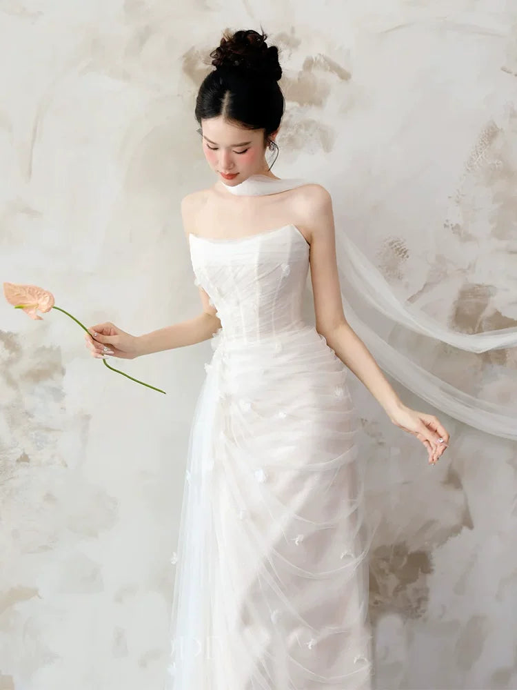 Stunning Strapless Wedding Dress With Scarf Sheath Appliques Tulle Bridal Dress AP6930
