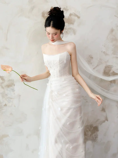 Stunning Strapless Wedding Dress With Scarf Sheath Appliques Tulle Bridal Dress AP6930