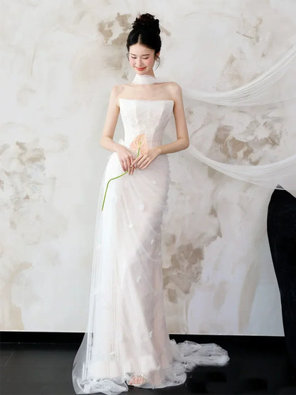 Stunning Strapless Wedding Dress With Scarf Sheath Appliques Tulle Bridal Dress AP6930