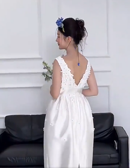 Novelty V Neck Sheath Wedding Dress Inspo Appliques Beads Bridal Gowns AP6931