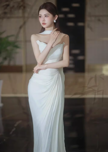 Unique Satin White Strapless Wedding Dress With Scarf Sheath Draped Bridal Dress AP6932