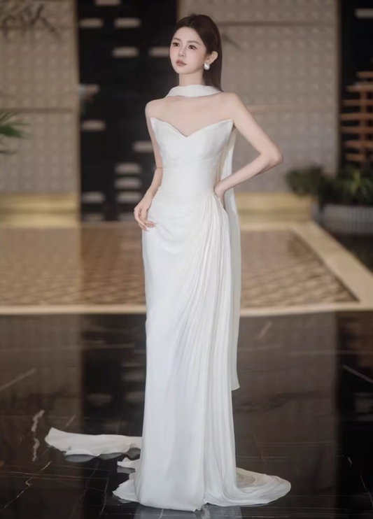 Unique Satin White Strapless Wedding Dress With Scarf Sheath Draped Bridal Dress AP6932