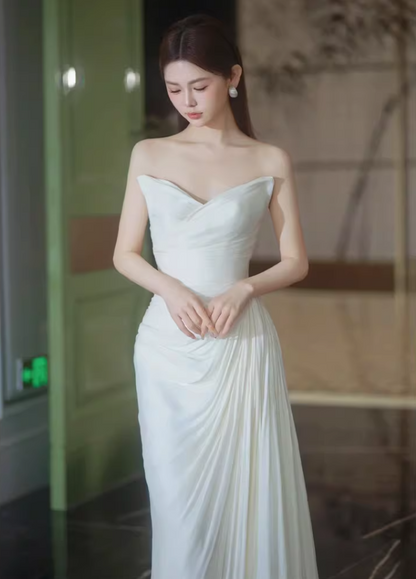 Unique Satin White Strapless Wedding Dress With Scarf Sheath Draped Bridal Dress AP6932