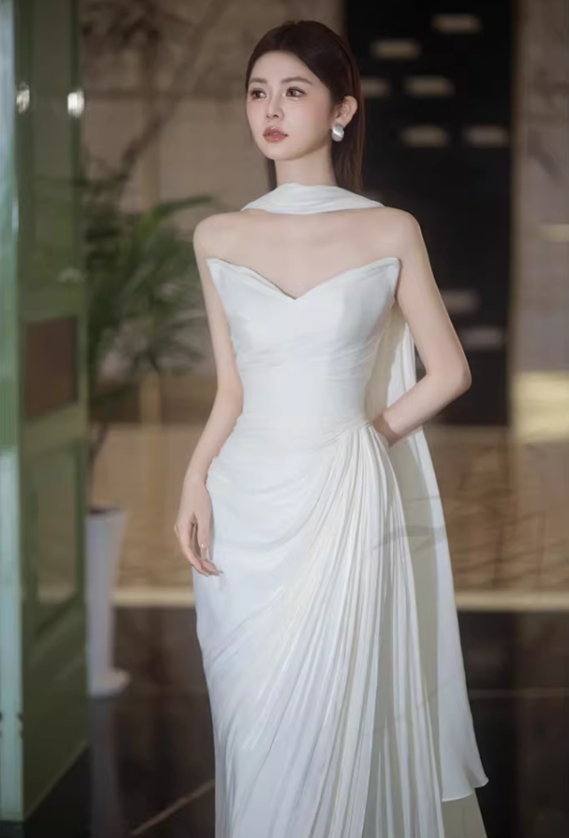 Unique Satin White Strapless Wedding Dress With Scarf Sheath Draped Bridal Dress AP6932