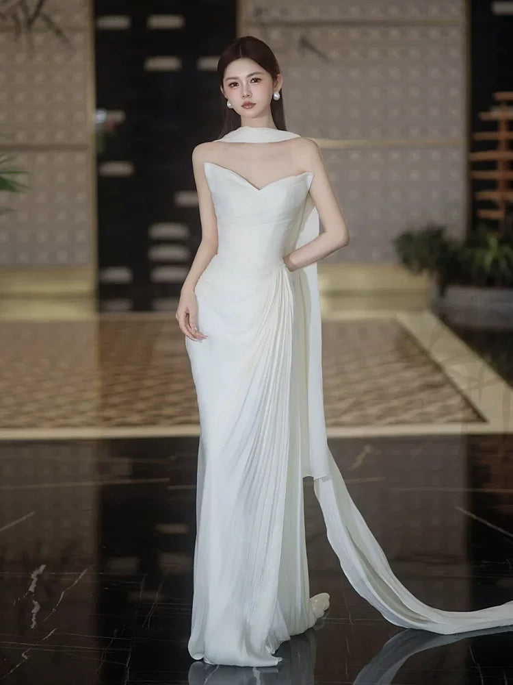 Unique Satin White Strapless Wedding Dress With Scarf Sheath Draped Bridal Dress AP6932