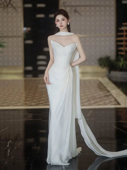 Unique Satin White Strapless Wedding Dress With Scarf Sheath Draped Bridal Dress AP6932