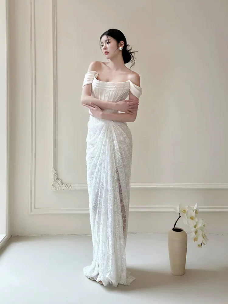 Vibrant Satin Satin Off-Shoulder Wedding Dress Sheath Tulle Bridal Dress AP6933