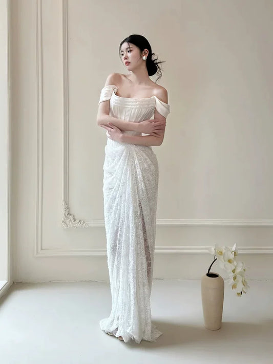 Vibrant Satin Satin Off-Shoulder Wedding Dress Sheath Tulle Bridal Dress AP6933