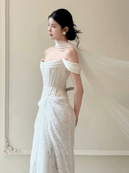 Vibrant Satin Satin Off-Shoulder Wedding Dress Sheath Tulle Bridal Dress AP6933