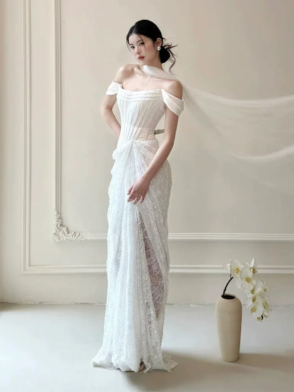 Vibrant Satin Satin Off-Shoulder Wedding Dress Sheath Tulle Bridal Dress AP6933