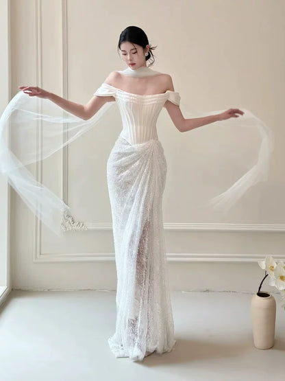 Vibrant Satin Satin Off-Shoulder Wedding Dress Sheath Tulle Bridal Dress AP6933