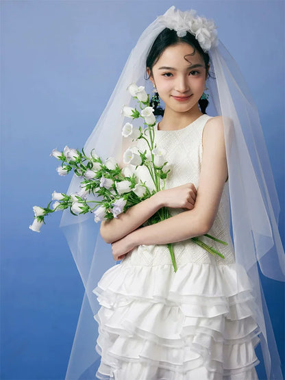 French Style A-Line Jewel Neck Wedding Dress With Veil Tiered Tulle Short Bridal Gowns AP6935