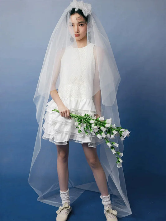 French Style A-Line Jewel Neck Wedding Dress With Veil Tiered Tulle Short Bridal Gowns AP6935