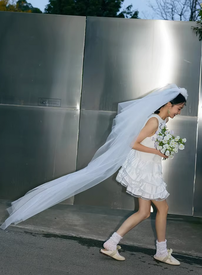 French Style A-Line Jewel Neck Wedding Dress With Veil Tiered Tulle Short Bridal Gowns AP6935