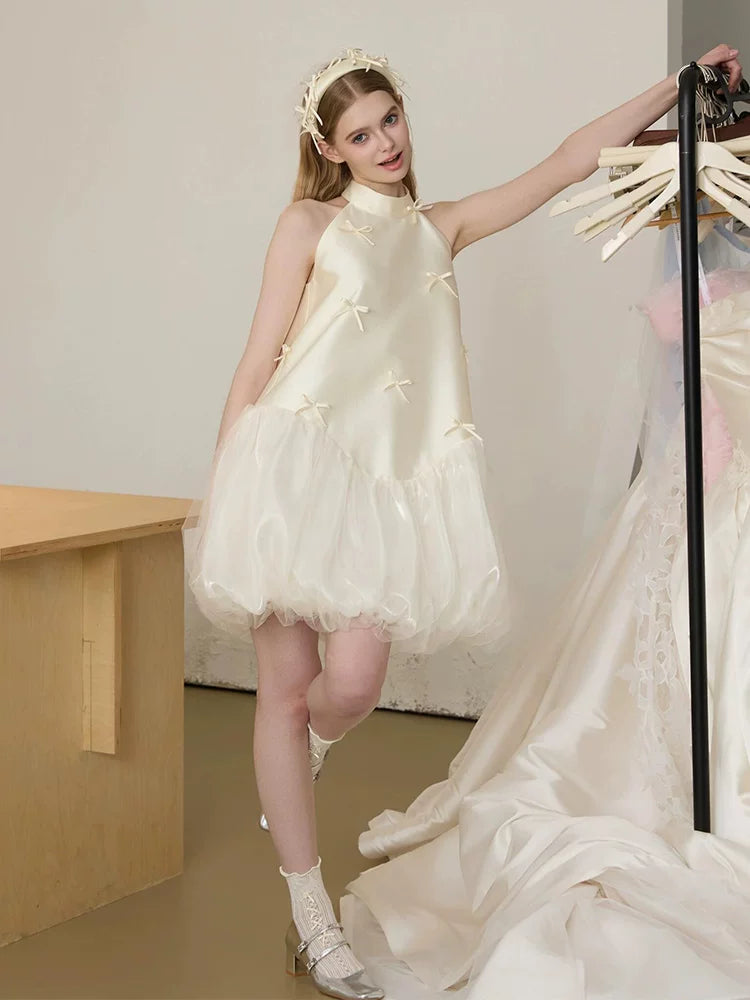 Simple Bows Satin Homecoming Dress Halter Neck Hoco Outfit A-Line Birthday Gowns AP6937