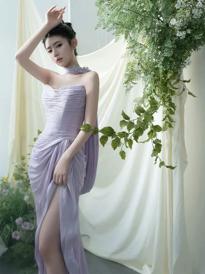 Charming Strapless Purple Prom Dress With Scarf Sheath Slit Formal Dress AP6938