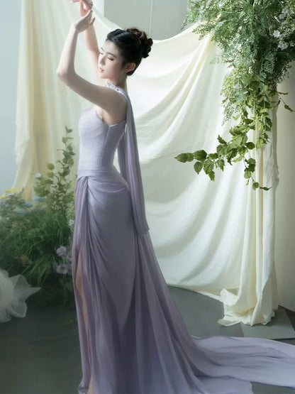 Charming Strapless Purple Prom Dress With Scarf Sheath Slit Formal Dress AP6938