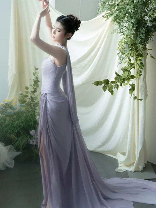 Charming Strapless Purple Prom Dress With Scarf Sheath Slit Formal Dress AP6938