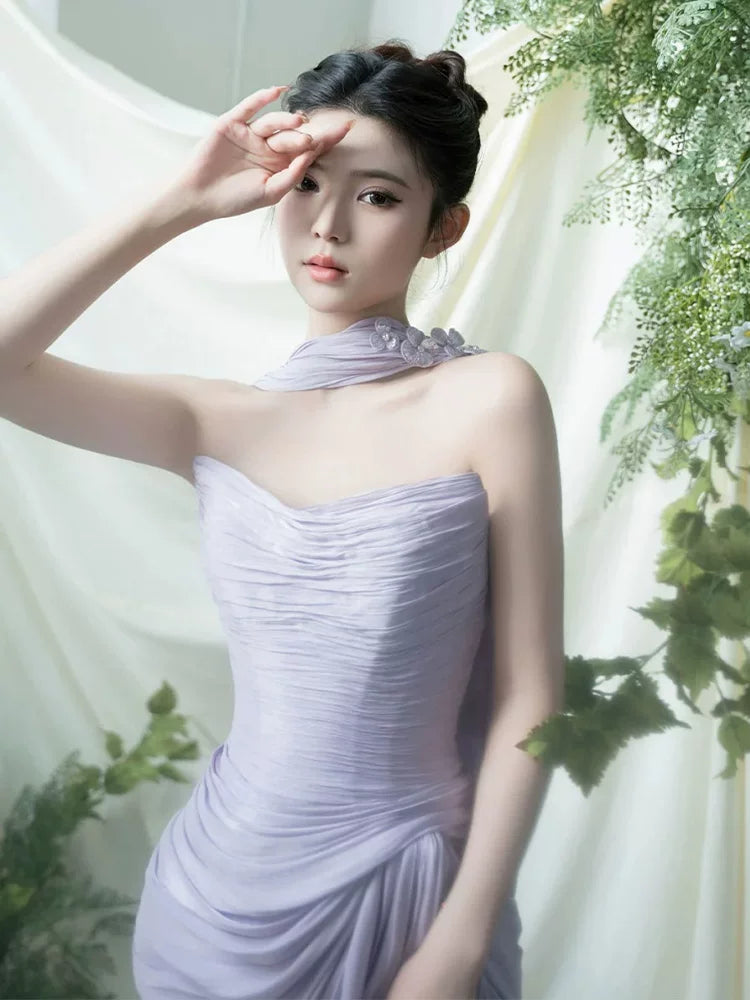 Charming Strapless Purple Prom Dress With Scarf Sheath Slit Formal Dress AP6938