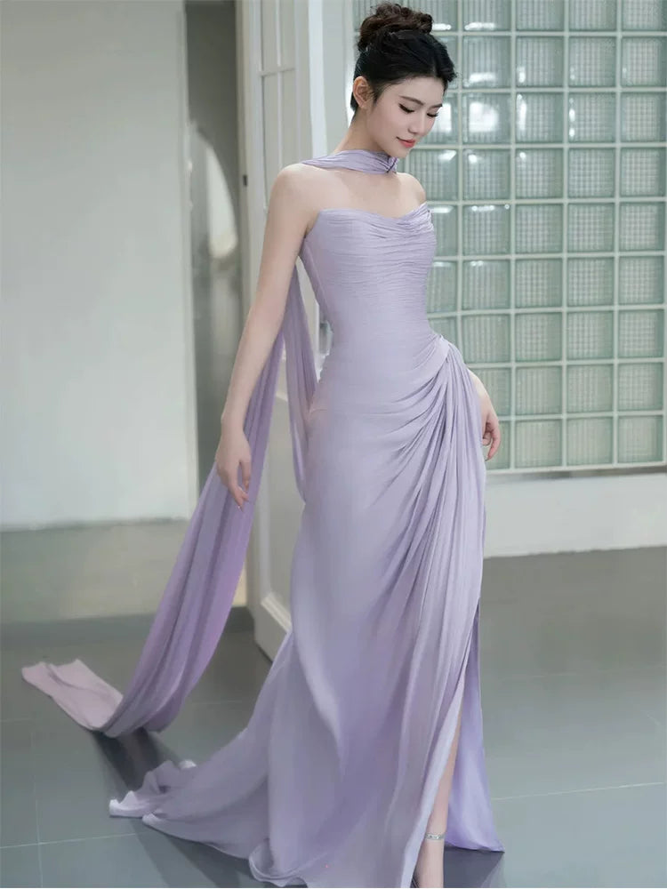 Charming Strapless Purple Prom Dress With Scarf Sheath Slit Formal Dress AP6938