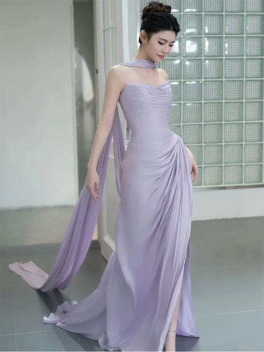 Charming Strapless Purple Prom Dress With Scarf Sheath Slit Formal Dress AP6938