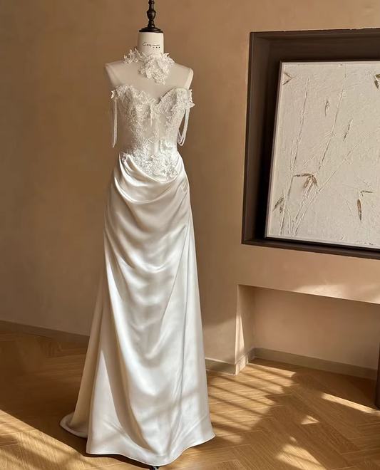 Sparkly Beading Off-Shoulder Satin Wedding Dress With Necklace Mermaid Appliques Sequins Bridal Dress AP6940
