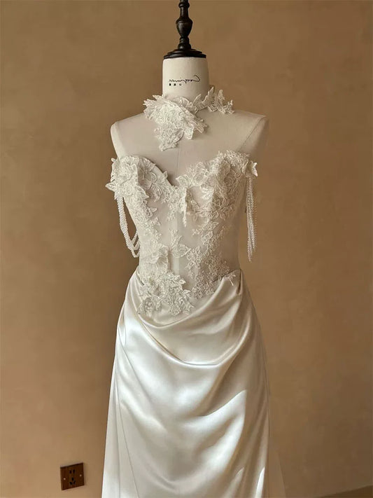 Sparkly Beading Off-Shoulder Satin Wedding Dress With Necklace Mermaid Appliques Sequins Bridal Dress AP6940