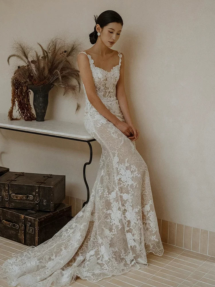 Stylish Appliques Wedding Dress Mermaid Wedding Reception Dress Spaghetti Strap Bridal Gown AP6941