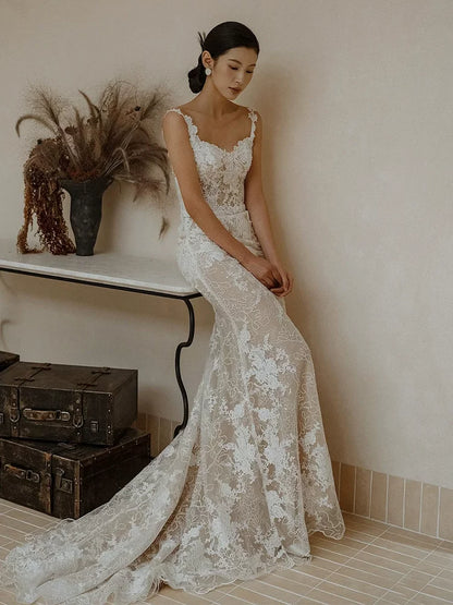 Stylish Appliques Wedding Dress Mermaid Wedding Reception Dress Spaghetti Strap Bridal Gown AP6941